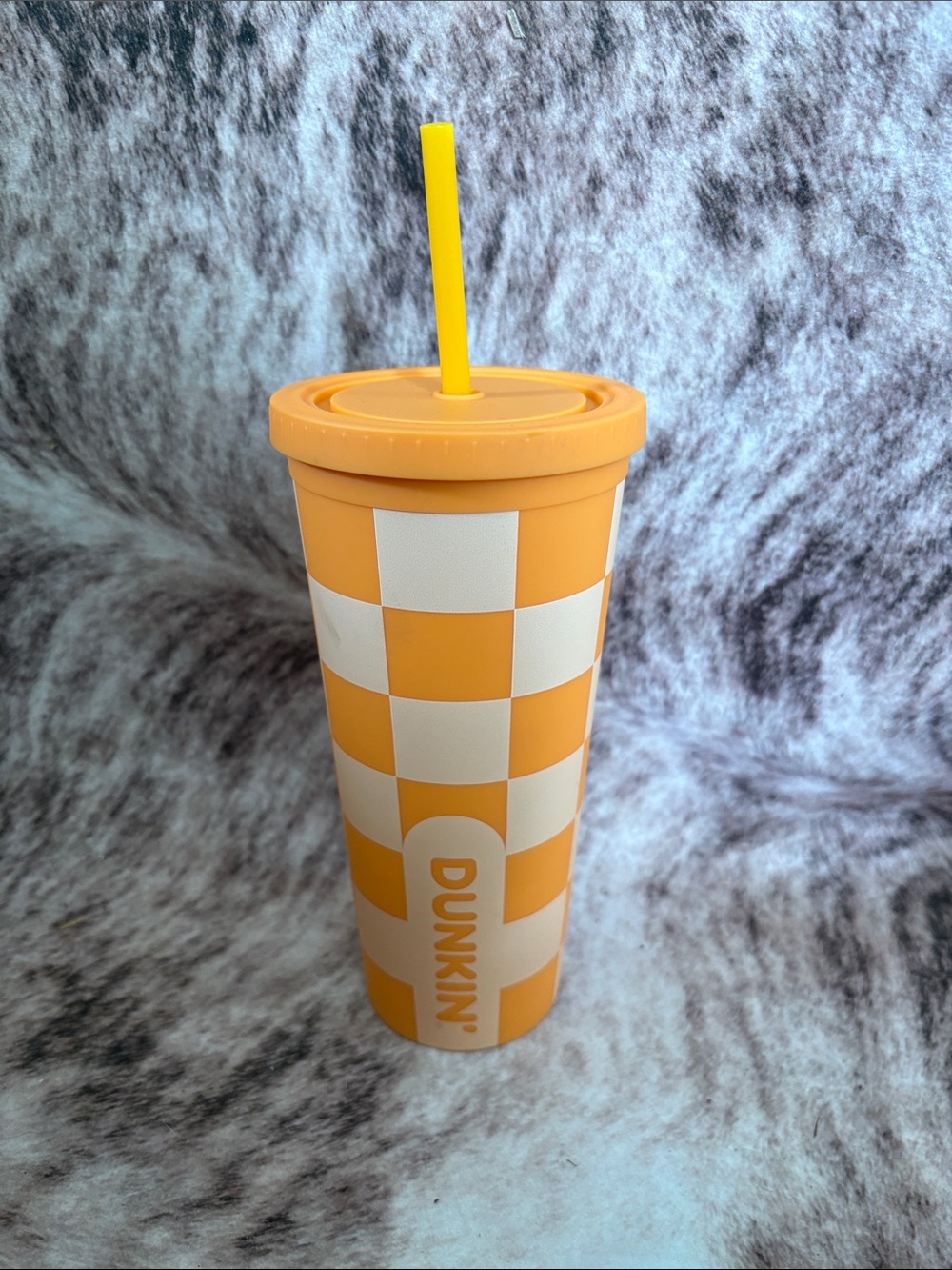 Dunkin' Orange Checkered Reusable Tumbler with Yellow Straw